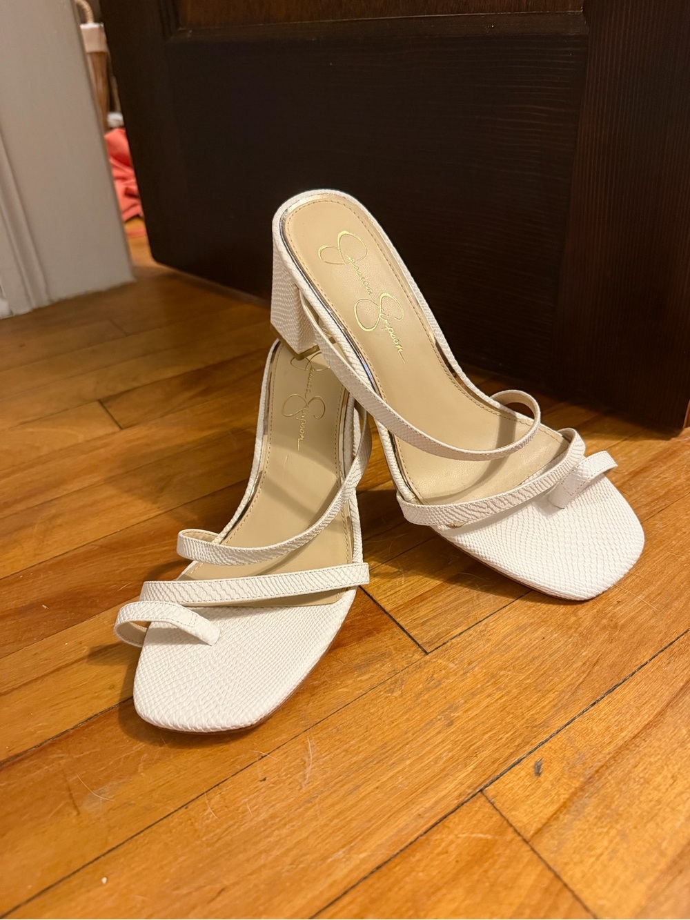 Jessica Simpson Off-White Strappy Square Toe Block Heels